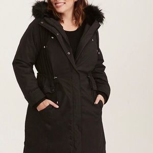 NYLON FAUX FUR TRIMMED OVER-THE-KNEE OUTWEAR COAT